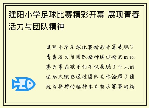 建阳小学足球比赛精彩开幕 展现青春活力与团队精神