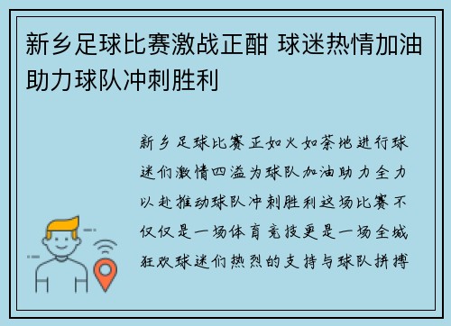 新乡足球比赛激战正酣 球迷热情加油助力球队冲刺胜利