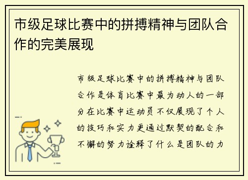 市级足球比赛中的拼搏精神与团队合作的完美展现
