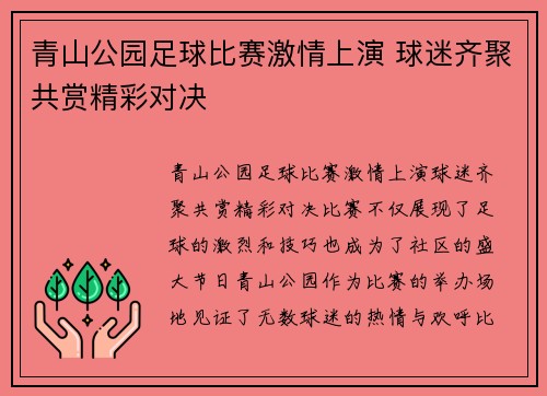 青山公园足球比赛激情上演 球迷齐聚共赏精彩对决