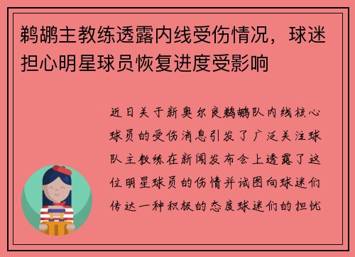 鹈鹕主教练透露内线受伤情况，球迷担心明星球员恢复进度受影响