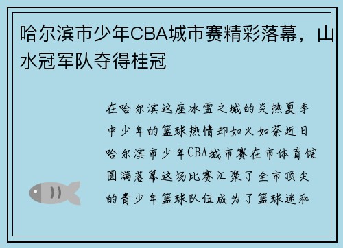 哈尔滨市少年CBA城市赛精彩落幕，山水冠军队夺得桂冠