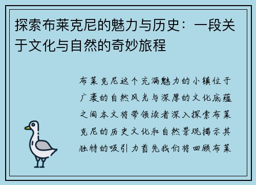 探索布莱克尼的魅力与历史：一段关于文化与自然的奇妙旅程