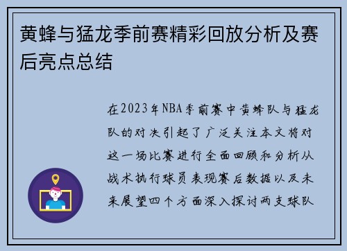 黄蜂与猛龙季前赛精彩回放分析及赛后亮点总结
