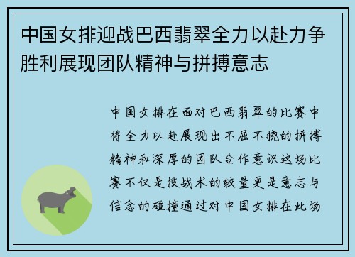 中国女排迎战巴西翡翠全力以赴力争胜利展现团队精神与拼搏意志