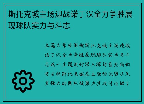 斯托克城主场迎战诺丁汉全力争胜展现球队实力与斗志