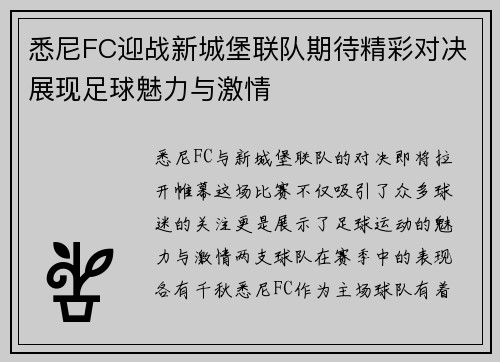 悉尼FC迎战新城堡联队期待精彩对决展现足球魅力与激情