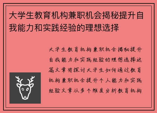 大学生教育机构兼职机会揭秘提升自我能力和实践经验的理想选择
