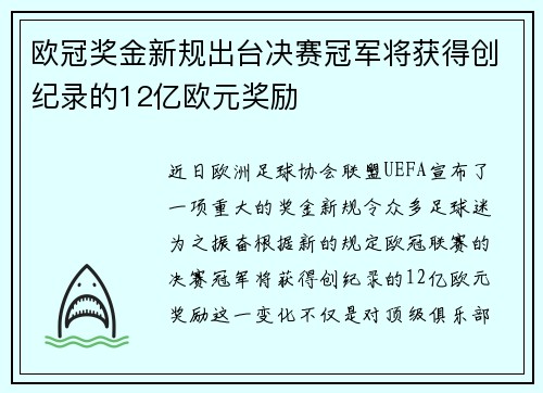 欧冠奖金新规出台决赛冠军将获得创纪录的12亿欧元奖励