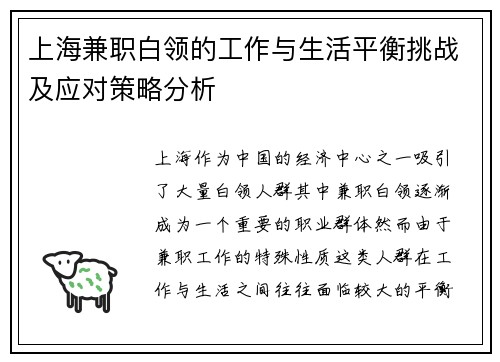 上海兼职白领的工作与生活平衡挑战及应对策略分析