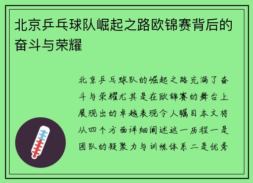 北京乒乓球队崛起之路欧锦赛背后的奋斗与荣耀