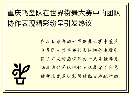 重庆飞盘队在世界街舞大赛中的团队协作表现精彩纷呈引发热议