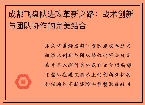 成都飞盘队进攻革新之路：战术创新与团队协作的完美结合